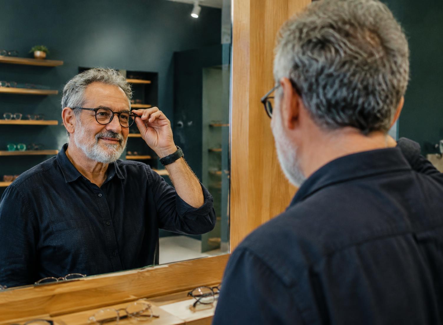 Cliente experimentando armação de óculos diante do espelho